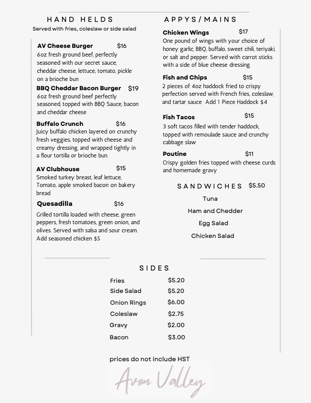 Avon Valley Menu 2023